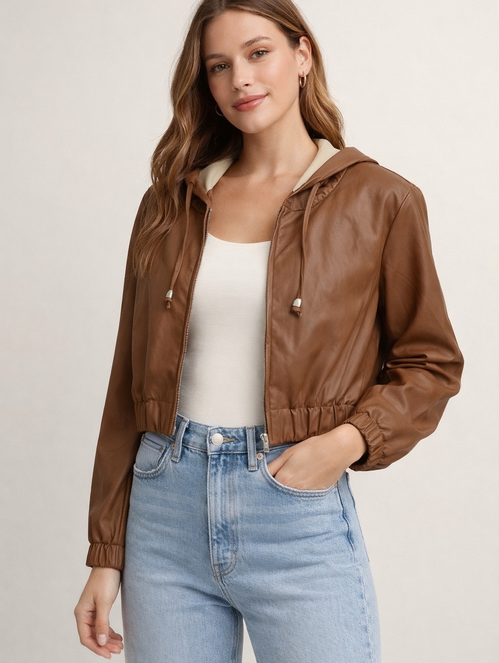 CROPPED BROWN FAUX LEATHER HOODED JACKET